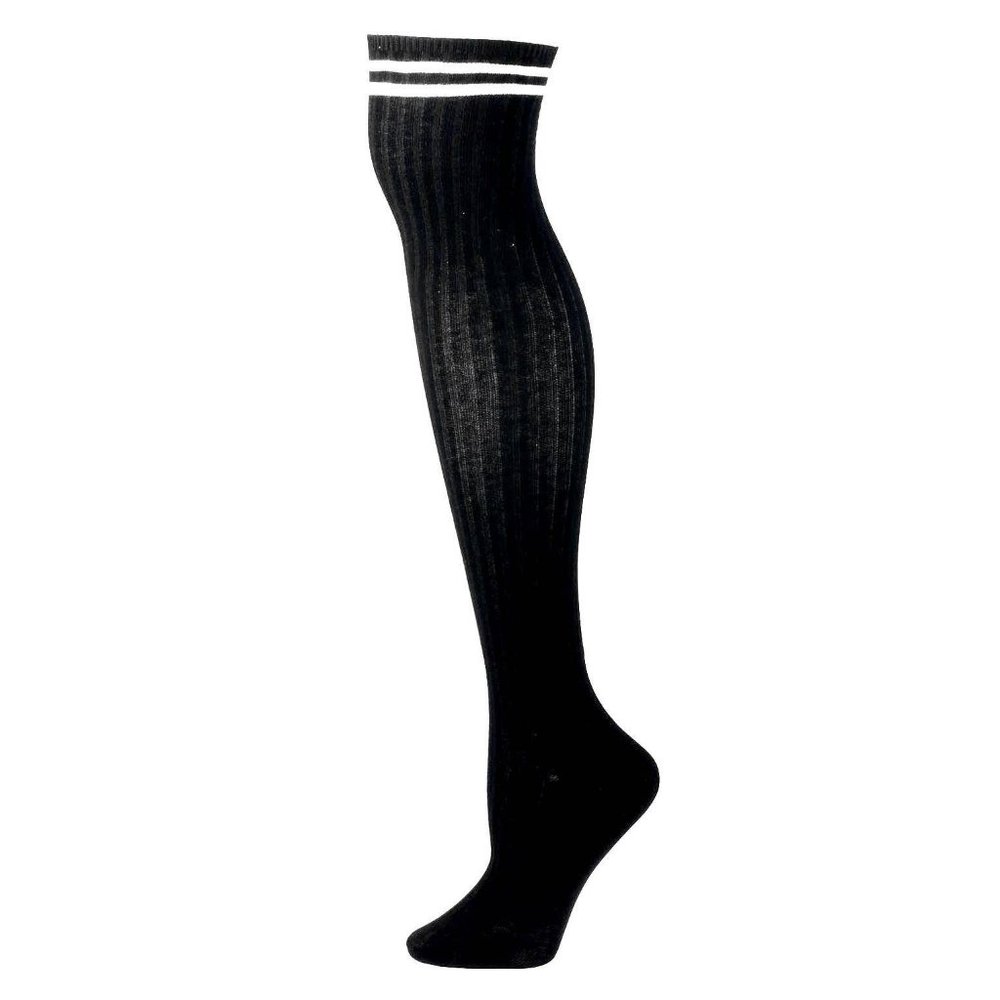 **New Never Worn** 2 Lines Above Knee Cotton Socks--White/Black